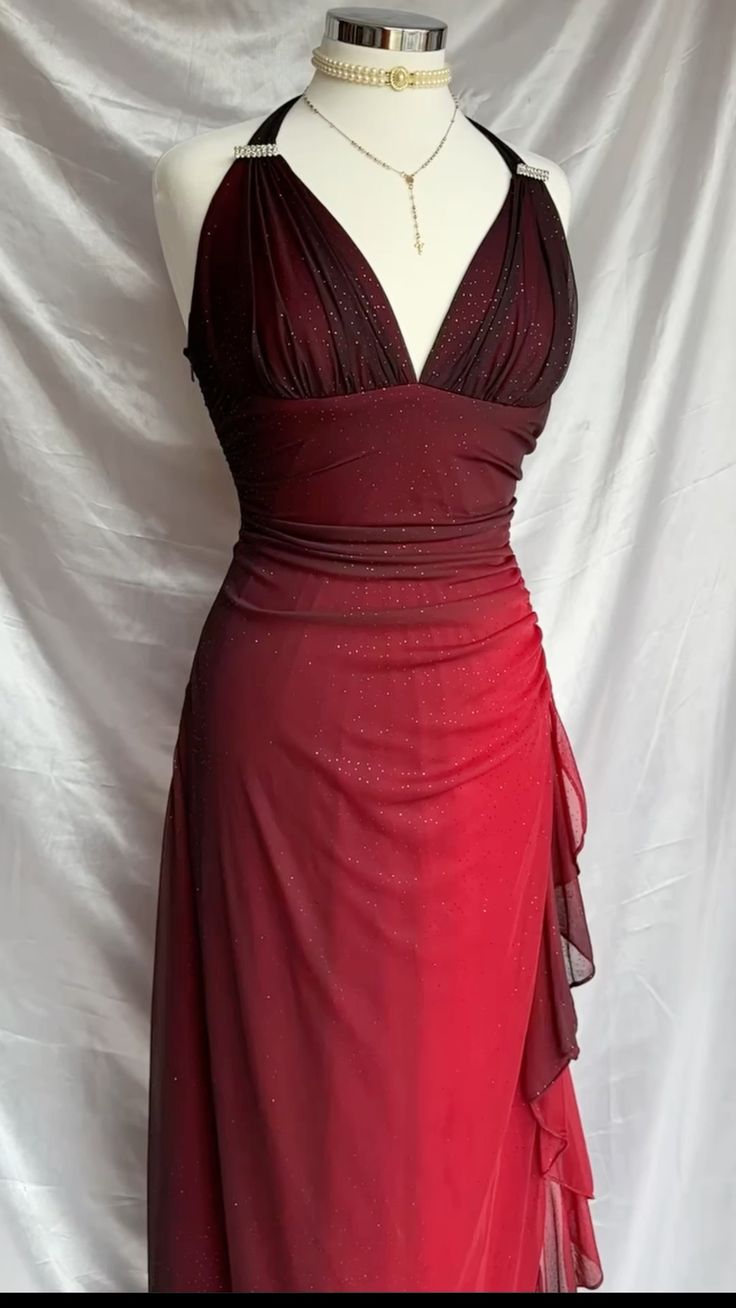 Burgundy Gradient Halter Sheath Chiffon Long Party Dress Vintage Evening Dress, D370