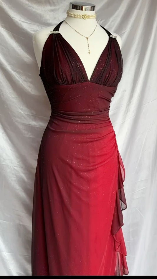 Burgundy Gradient Halter Sheath Chiffon Long Party Dress Vintage Evening Dress, D370