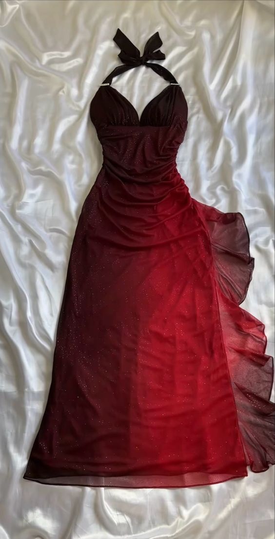 Burgundy Gradient Halter Sheath Chiffon Long Party Dress Vintage Evening Dress, D370
