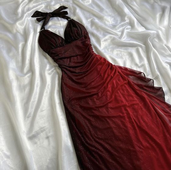 Burgundy Gradient Halter Sheath Chiffon Long Party Dress Vintage Evening Dress, D370