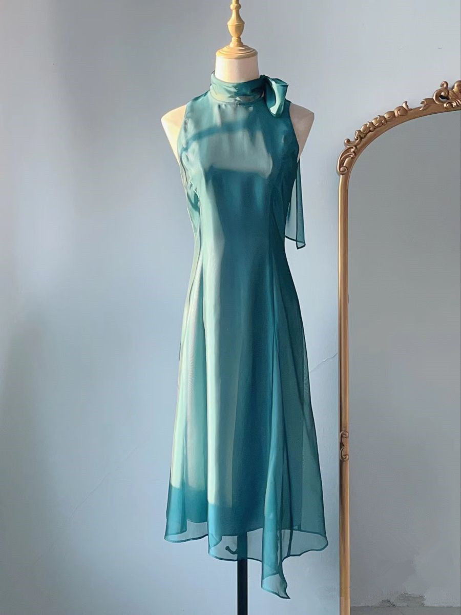 Blue Halter Chiffon Sheath Long Party Dress Simple Evening Dress, D373