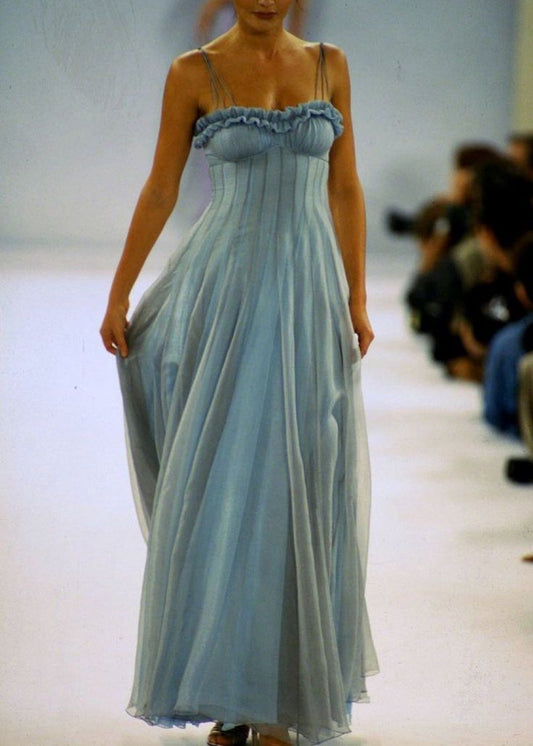 Cute Blue Spaghetti Straps A-Line Long Party Dress Birthday Dress, D377