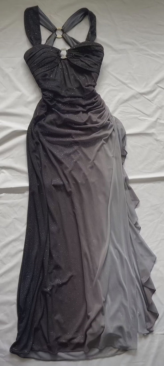 Robe de soirée longue en mousseline de soie grise à bretelles et volants ombrés, style vintage, D379