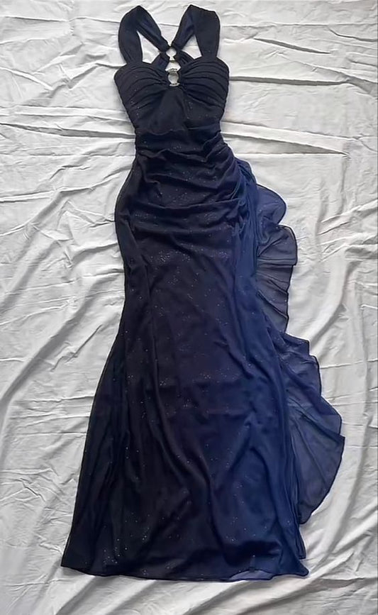 Robe de soirée longue en mousseline de soie grise à bretelles et volants ombrés, style vintage, D379