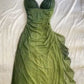 Green Halter Ombre Ruffles Chiffon Long Party Dress Vintage Evening Gown, D382