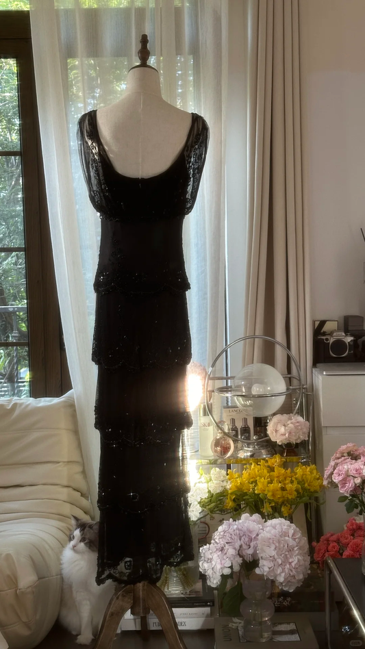 Vintage Black Applique Elegant Design A-line Romantic Chiffon Evening Dress Prom Dress D1478