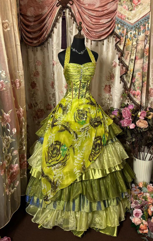 Green Halter A-Line Floral Tiered Long Party Dress Vintage Evening Ball Gown, D391