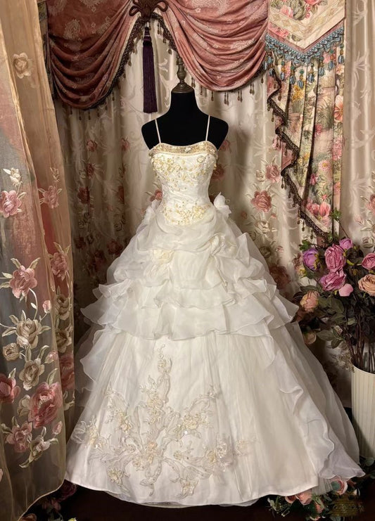 White Spaghetti Straps A-Line Satin Long Party Dress Vintage Wedding Dress, D392