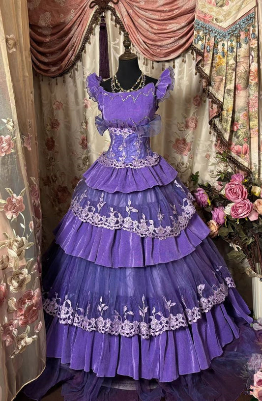Purple Sleeveless A-Line Tiered Long Party Dress Vintage Evening Dress, D397