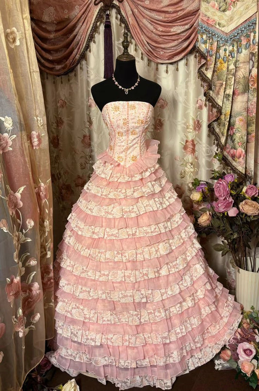 Pink Strapless A-Line Tiered Long Party Dress Vintage Evening Dress, D400