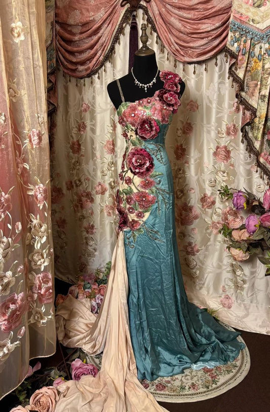 Blue Straps Embroidery Satin Mermaid Vintage Long Party Dress Evening Gown, D404
