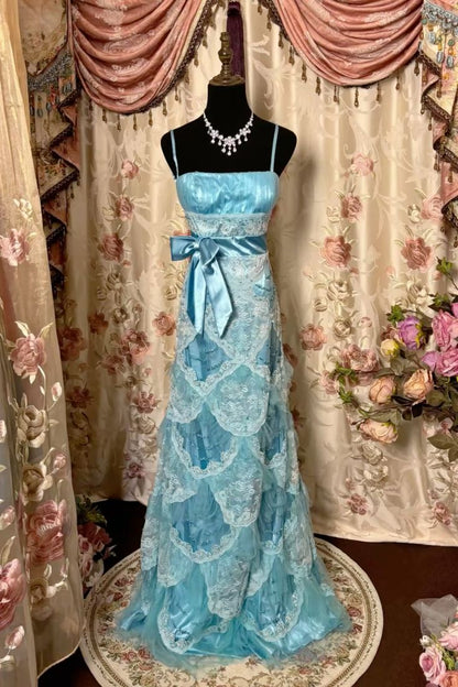 Blaues Spaghettiträger-Spitzen-Satin-Vintage-langes Partykleid-Abendkleid, D405