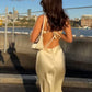 Spaghetti Straps Open Back Sheath Satin Long Party Dress Wedding Guest Dress, D412