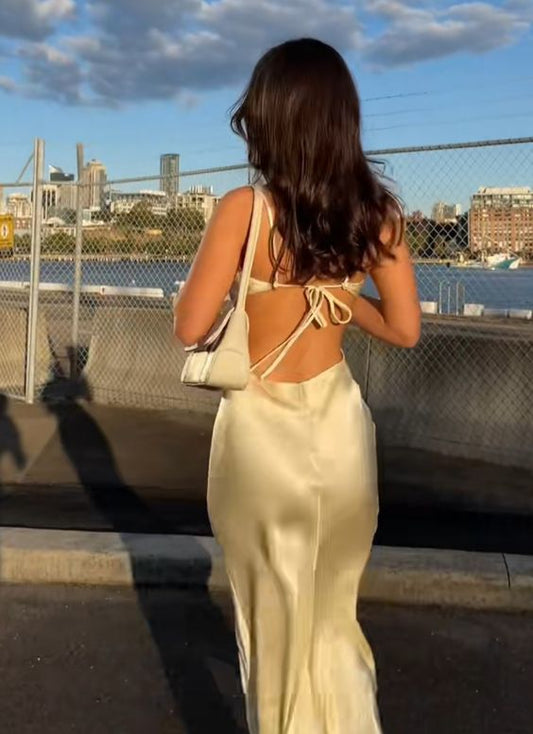 Spaghetti Straps Open Back Sheath Satin Long Party Dress Wedding Guest Dress, D412