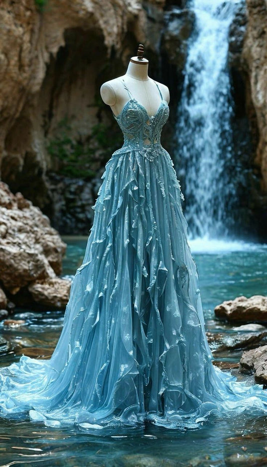 Blue Spaghetti Straps A-Line Long Party Dress Formal Evening Gown, D424