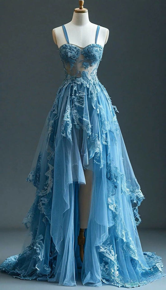 Blue Straps A-Line High Low Tulle Appliques Long Party Dress Formal Evening Gown, D425