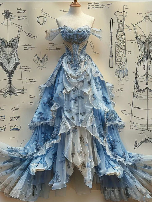 Blue Off Shoulder A-Line Tiered Beading Long Party Dress Formal Evening Gown, D427