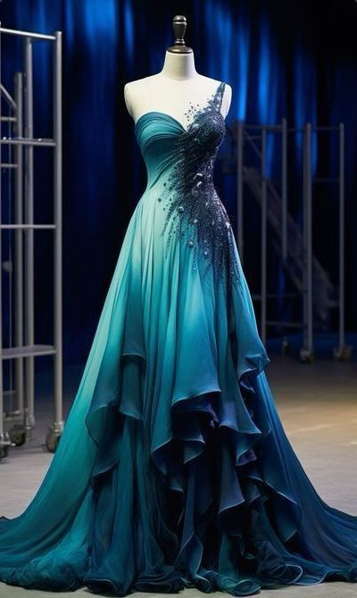 Blue One Shoulder A-Line Ombre Long Party Dress Formal Evening Gown, D434