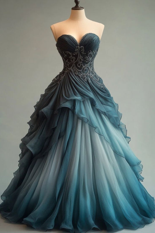 Dark Blue Sweetheart A-Line Ombre Long Party Dress Formal Evening Ball Gown, D435