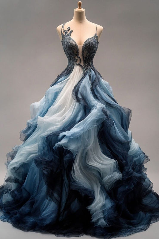 Navy Straps A-Line Ombre Long Party Dress Formal Evening Ball Gown, D436