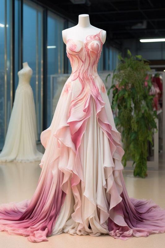 Pink One Shoulder A-Line Ombre Long Party Dress Formal Evening Gown, D440