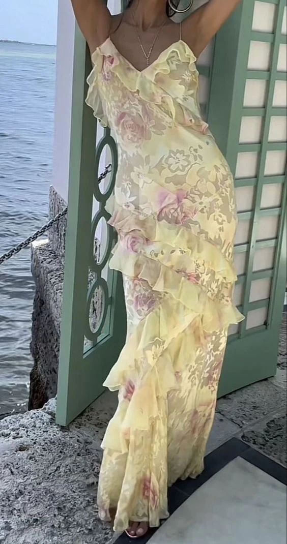 Yellow Straps Floral Printed Sheath Long Party Dress Wedding Guest Dress, D442