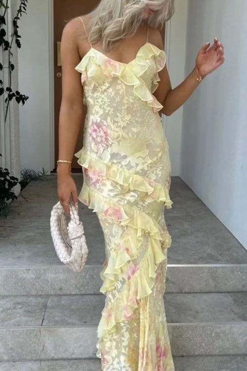 Yellow Straps Floral Printed Sheath Long Party Dress Wedding Guest Dress, D442