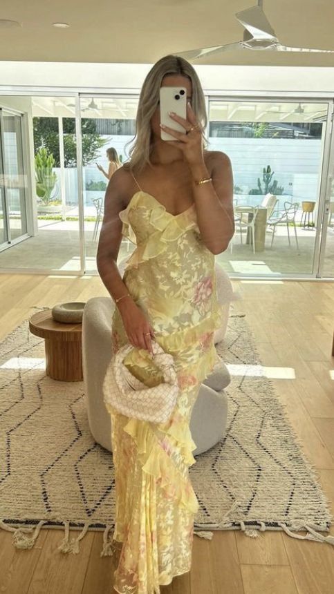 Yellow Straps Floral Printed Sheath Long Party Dress Wedding Guest Dress, D442