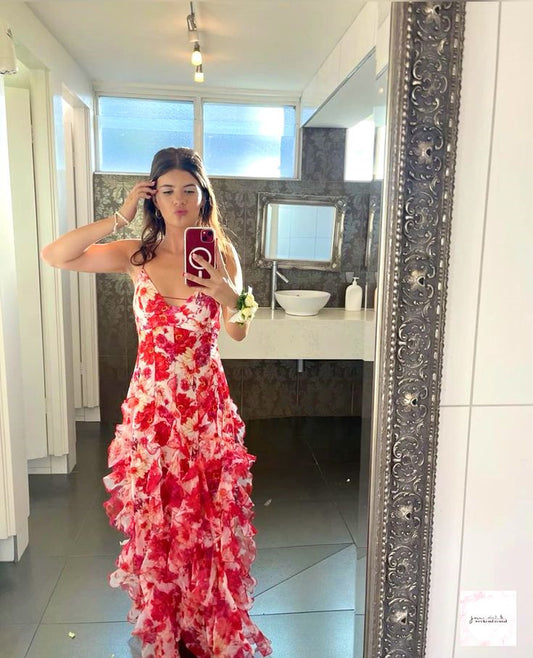 Red V Neck Straps Floral Printed Sheath Long Party Dress Wedding Guest Dress, D443