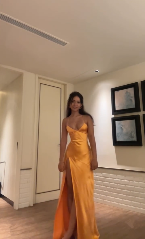 Orange V Neck Straps Sheath Satin Long Party Dress Wedding Guest Dress, D445