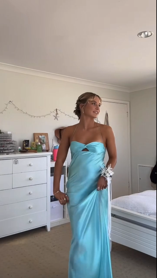 Blue Halter Neck Sheath Satin Long Party Dress Wedding Guest Dress, D446