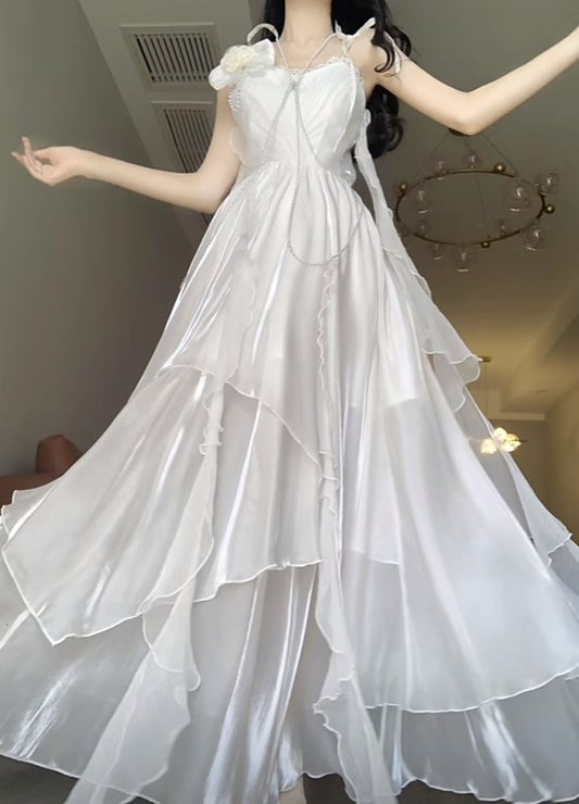 Elegant White Straps A-Line Chiffon Long Party Dress Evening Party Dress, D449