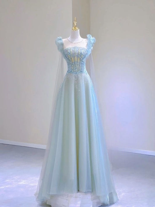Blue A-Line Sleeveless Tulle Long Party Dress Formal Evening Gown, D452
