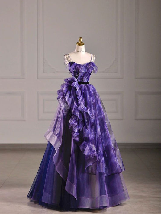 Purple Spaghetti Straps A-Line Tulle Ruffles Long Prom Dress Formal Evening Gown, D454