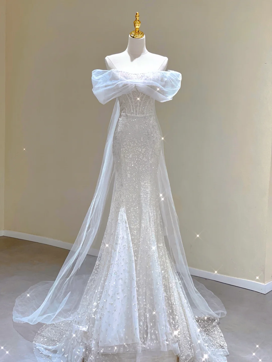 Stunning Off Shoulder Tulle Beading Mermaid Wedding Dress Long Prom Dress, D465