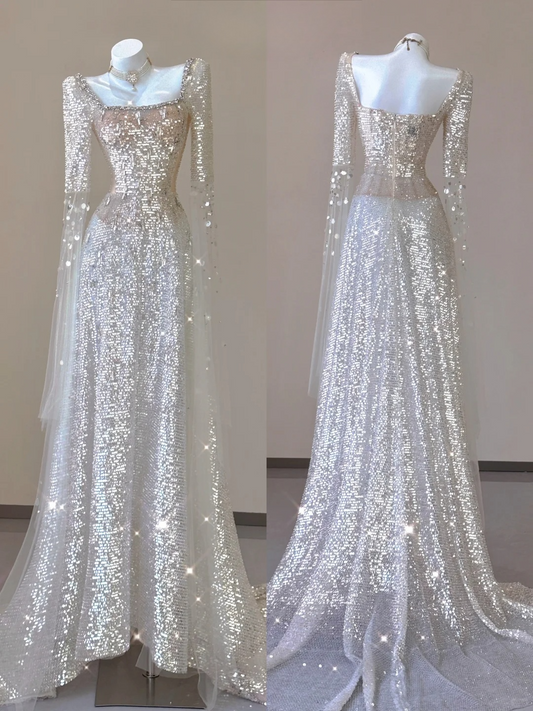 Robe de soirée longue de bal de fin d'année champagne à manches longues et paillettes, D467