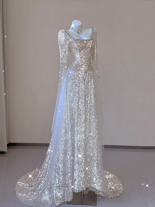 Robe de soirée longue de bal de fin d'année champagne à manches longues et paillettes, D467