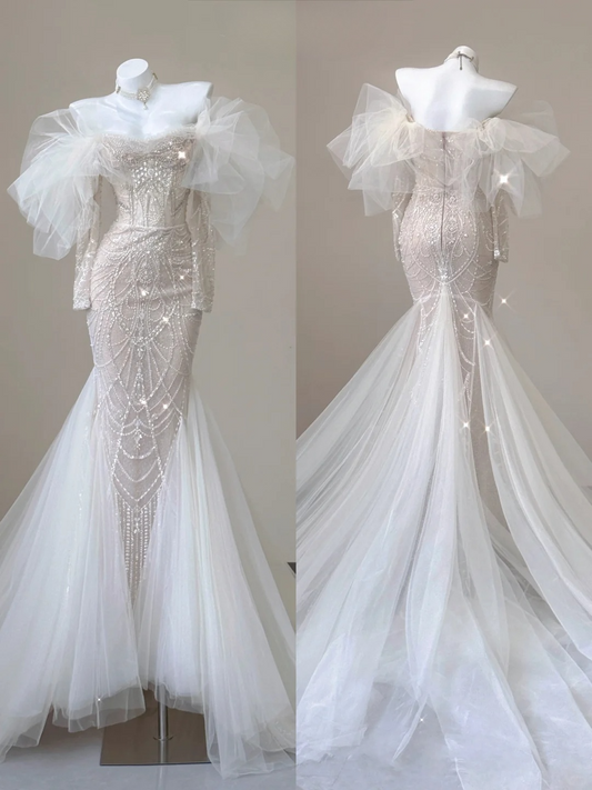 Stunning Off Shoulder Long Sleeves Beading Mermaid Wedding Dress Evening Gown, D469
