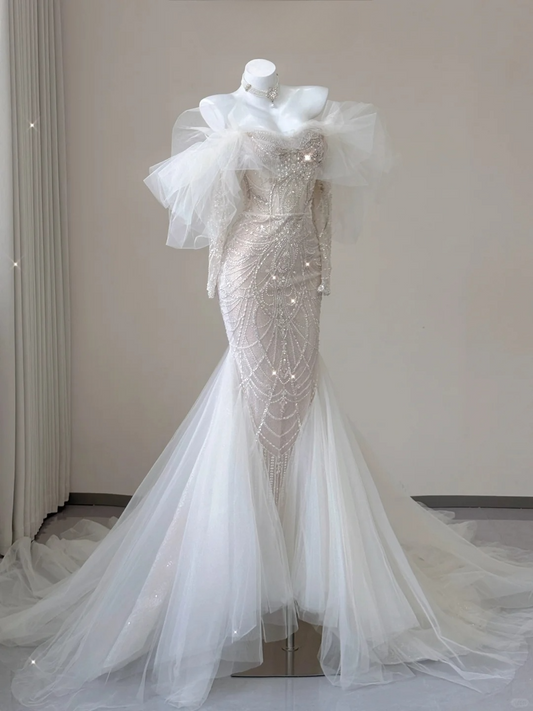 Stunning Off Shoulder Long Sleeves Beading Mermaid Wedding Dress Evening Gown, D469
