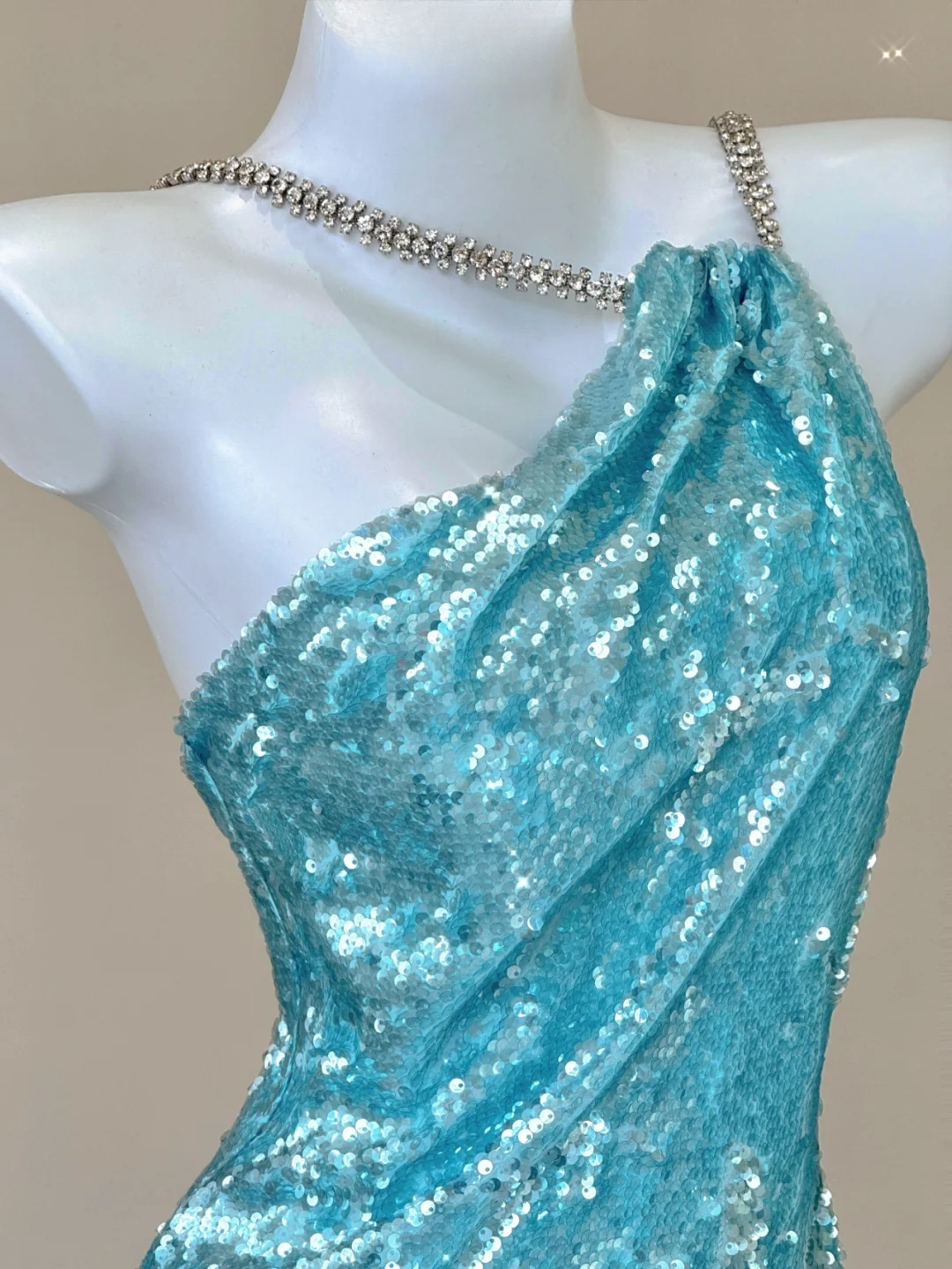 Blue Spaghetti Straps Mermaid Sequins Long Party Dress Evening Gown, D470