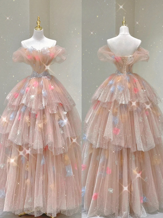 Robe de soirée longue rose en tulle à épaules dénudées et à volants, D475