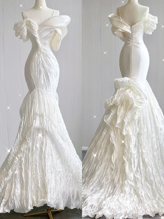 Elegant White Off Shoulder Mermaid Satin Long Party Dress Wedding Dress, D478
