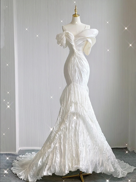 Elegant White Off Shoulder Mermaid Satin Long Party Dress Wedding Dress, D478