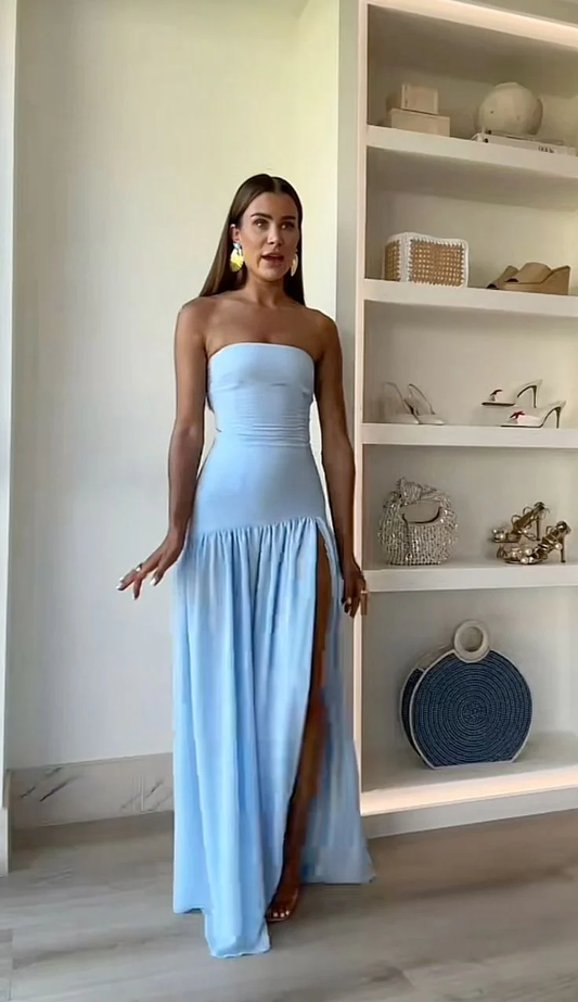 Blue Strapless A-Line Split Long Party Dress Wedding Guest Dress, D484