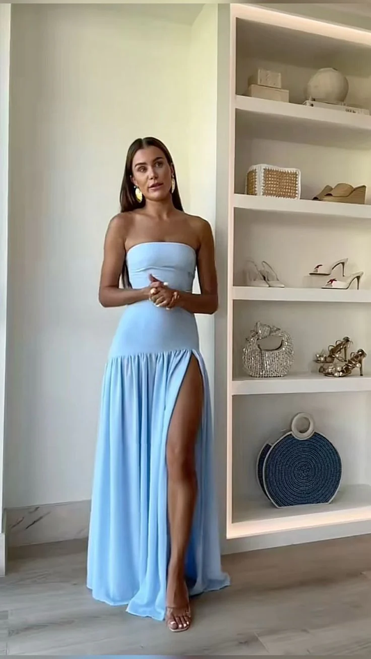 Blue Strapless A-Line Split Long Party Dress Wedding Guest Dress, D484