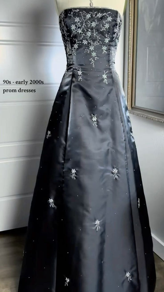 Black Strapless A-Line Beading Satin Vintage Prom Dress Long Evening Gown, D487