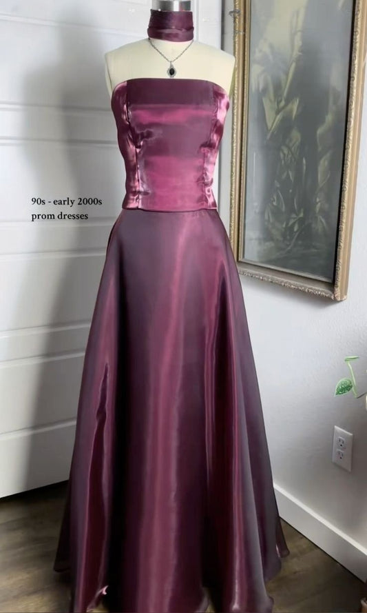 Elegant Strapless A-Line Satin Long Party Dress Vintage Evening Dress, D489