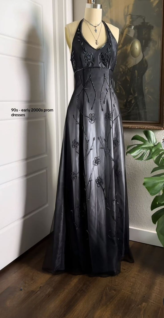 Black Halter Neck A-Line Beading Long Party Dress Vintage Evening Dress, D491