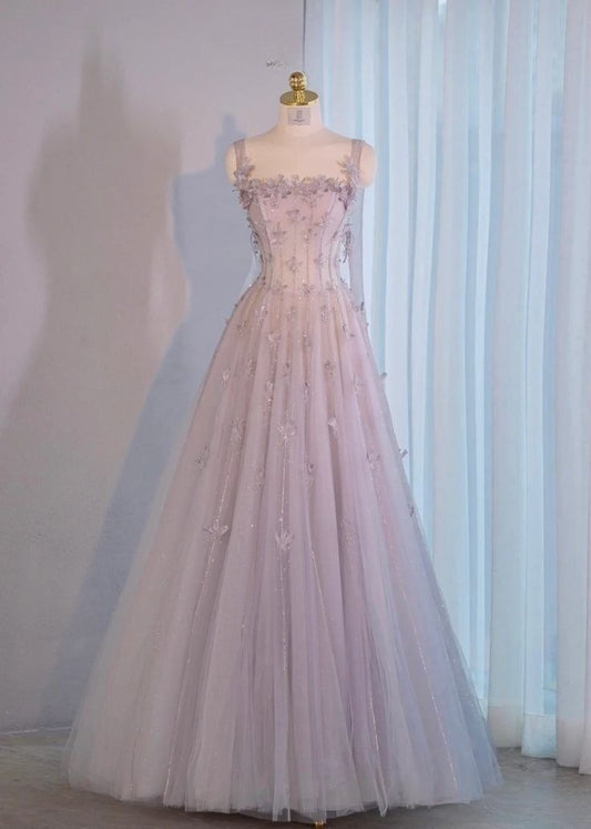 Elegant Straps A-Line Tulle Appliques Long Party Dress Formal Prom Dress, D498