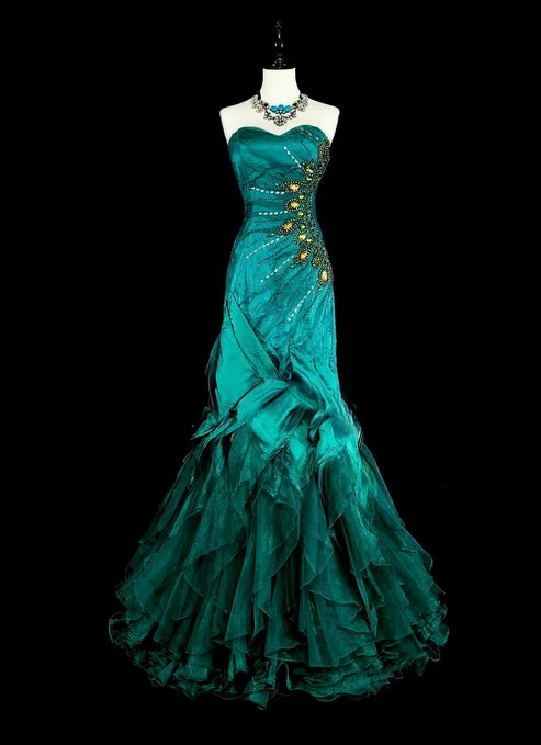 Retro Green Strapless Mermaid Beading Ruffles Vintage Long Evening Party Dress, D898